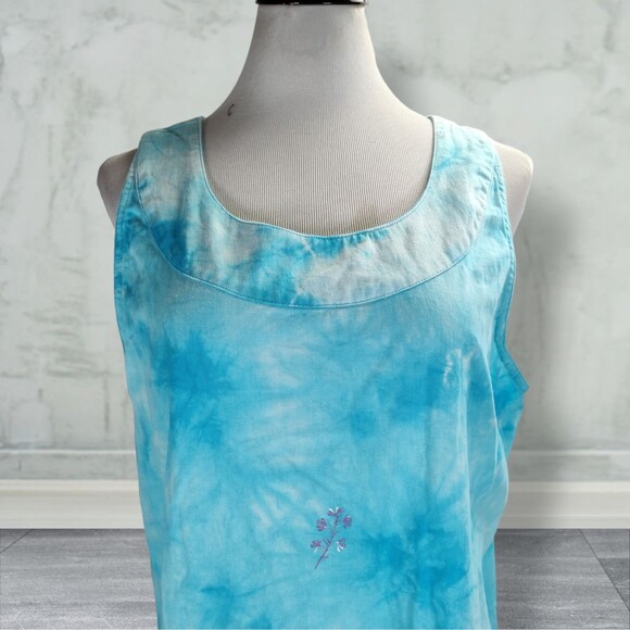 Vintage 90s Embroidered Midi Shift Dress Size L Blue Cotton Twill Tie Dye - Picture 6 of 11